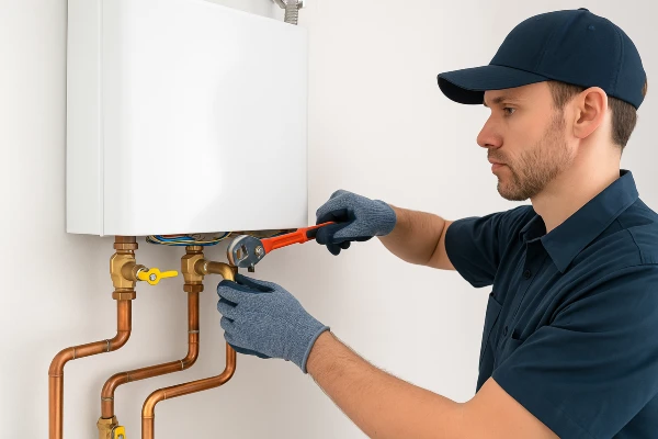 a plumber working on a tankless water heater from Plumber Georgetown in Georgetown, TX - Emergency Plumbing Services
