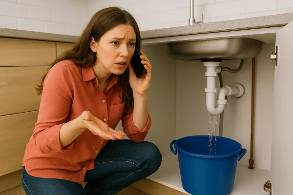 a woman on the phone about a water leak underneath her kitchen sink from Plumber Georgetown in Georgetown, TX - Emergency Plumbing Services