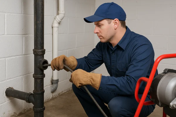 a plumber using a snake to clear a plumbing pipe from Plumber Georgetown in Georgetown, TX - Emergency Plumbing Services