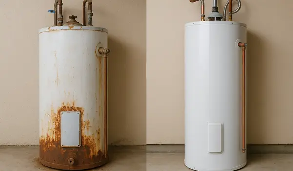 a rusted water heater next to a brand new water heater from Plumber Georgetown in Georgetown, TX - Garbage Disposal Replacement a rusted water heater next to a brand new water heater from Plumber Georgetown in Georgetown, TX - Garbage Disposal Replacement