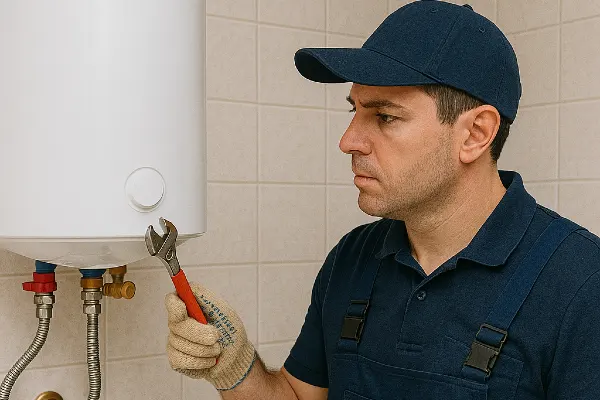 a male plumber working on a water heater mounted on the wall from Plumber Georgetown in Georgetown, TX - Garbage Disposal Replacement a male plumber working on a water heater mounted on the wall from Plumber Georgetown in Georgetown, TX - Garbage Disposal Replacement