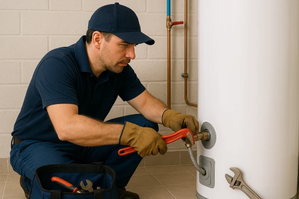 a male plumber working on a water heater connection from Plumber Georgetown in Georgetown, TX - Garbage Disposal Replacement a male plumber working on a water heater connection from Plumber Georgetown in Georgetown, TX - Garbage Disposal Replacement