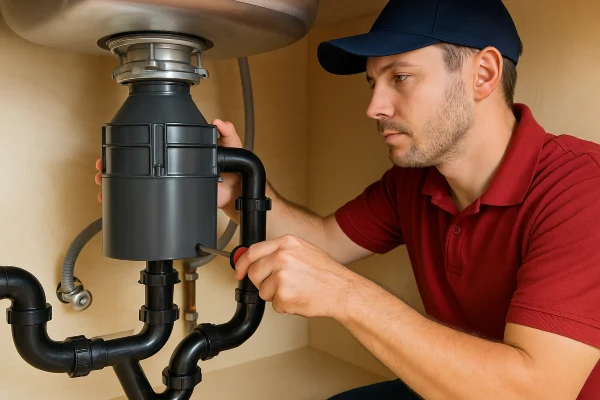 a male plumber using a screwdriver to fix a garbage disposal from Plumber Georgetown in Georgetown, TX - Garbage Disposal Replacement a male plumber using a screwdriver to fix a garbage disposal from Plumber Georgetown in Georgetown, TX - Garbage Disposal Replacement