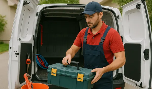 a plumbing technician putting his toolbox back in his van from Plumber Georgetown in Pflugerville, TX - Pflugerville TX a plumbing technician putting his toolbox back in his van from Plumber Georgetown in Pflugerville, TX - Pflugerville TX