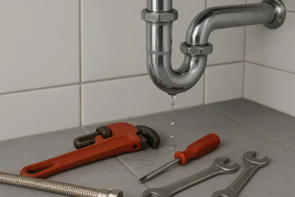 a sink water leak and plumbing tools on the floor from Plumber Georgetown in Georgetown, TX - Slab Leak Detection a sink water leak and plumbing tools on the floor from Plumber Georgetown in Georgetown, TX - Slab Leak Detection