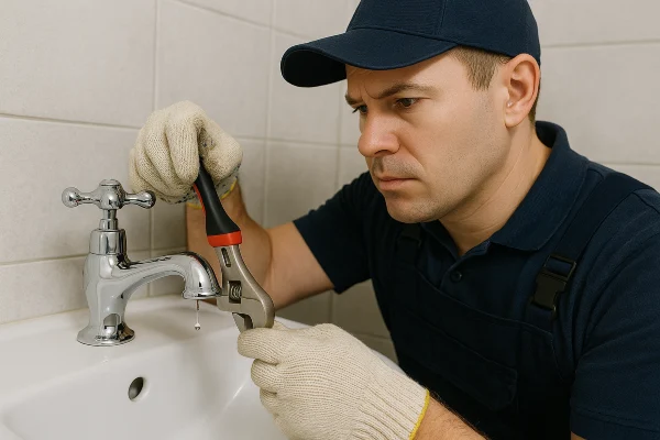a plumbing technician using a tool to fix a water faucet from Plumber Georgetown in Georgetown, TX - Toilet Replacement a plumbing technician using a tool to fix a water faucet from Plumber Georgetown in Georgetown, TX - Toilet Replacement