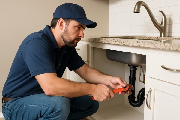 a male plumber checking a kitchen sink pipe connection from Plumber Georgetown in Georgetown, TX - Toilet Replacement a male plumber checking a kitchen sink pipe connection from Plumber Georgetown in Georgetown, TX - Toilet Replacement
