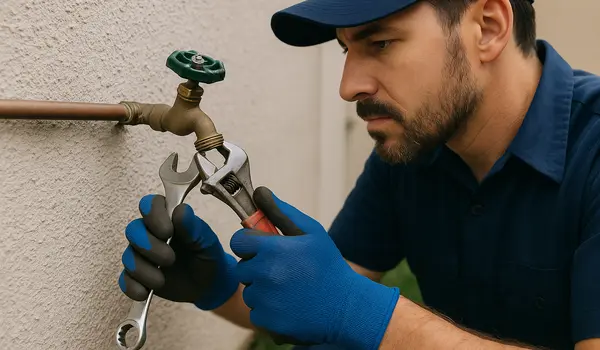 a male plumber fixing an outdoor faucet from Plumber Georgetown in Georgetown, TX - Water Heater Installation a male plumber fixing an outdoor faucet from Plumber Georgetown in Georgetown, TX - Water Heater Installation