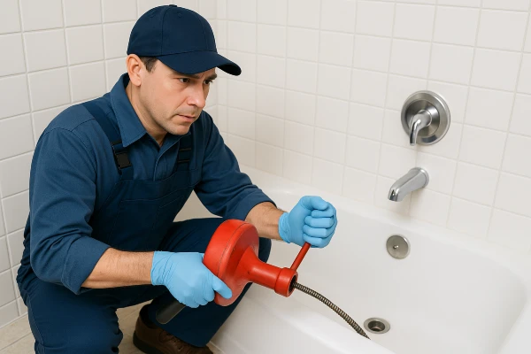 a plumber running a snake to clear a bathtub drain from Plumber Georgetown in Georgetown, TX - Water Heater Installation a plumber running a snake to clear a bathtub drain from Plumber Georgetown in Georgetown, TX - Water Heater Installation